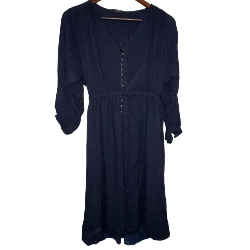Knot Sisters Navy Blue Button Front Midi Dress